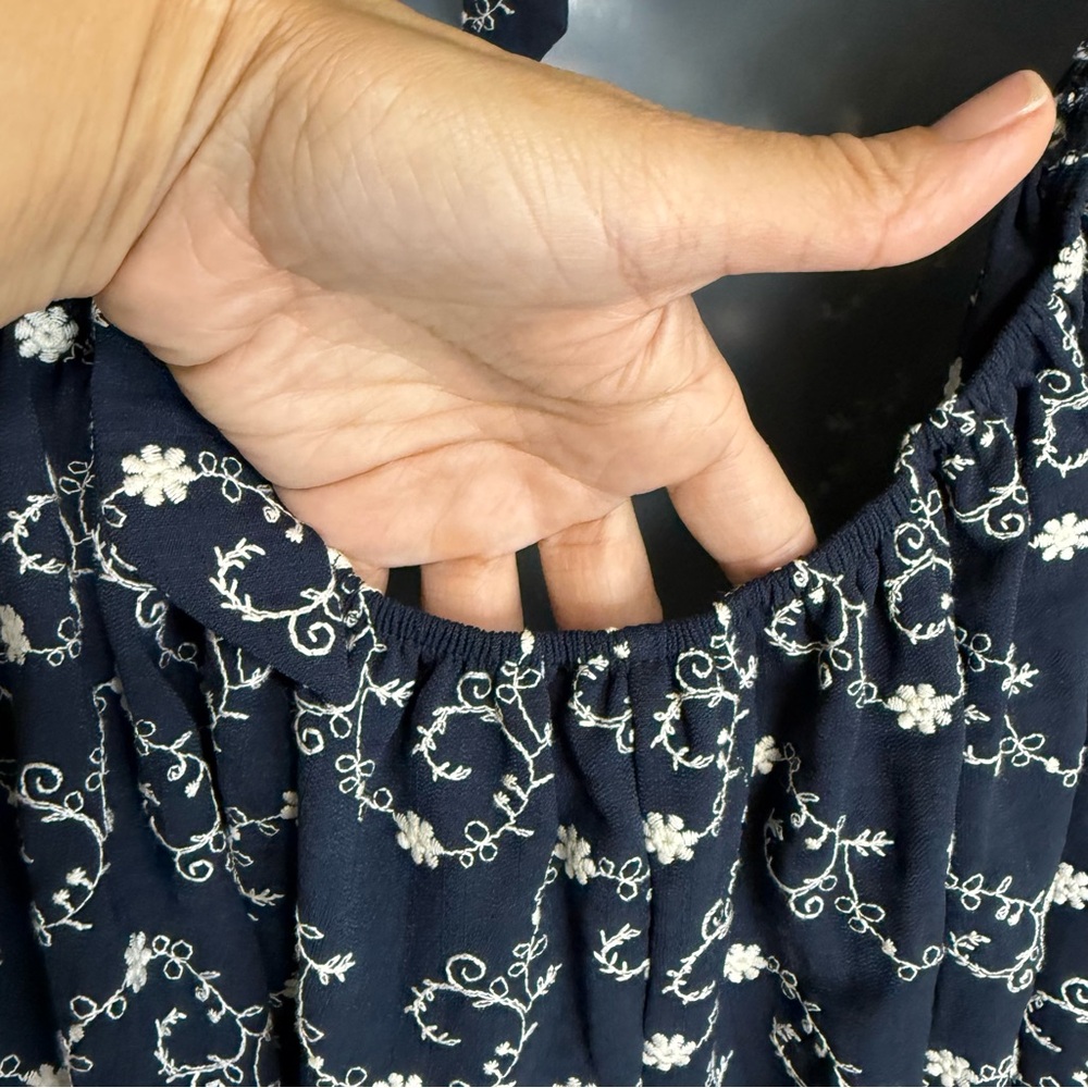 Francesca's Collection Gena Tie Back Embroidered Navy Puff Sleeve Mini Dress - Picture 10 of 16